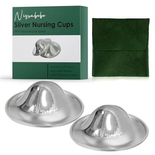 NISXABEBE The Original Silver Nursing Cups - Nipple Shields for Nursing Newborn, Newborn Breastfeeding Must Haves for Soothe and Protect Your Nursing Nipples - Trilaminate 999 Silver(Maxi)