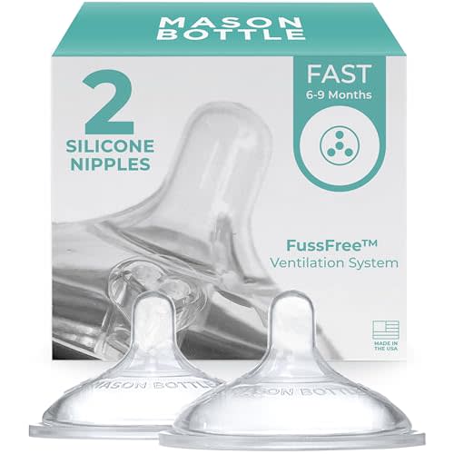 Mason Bottle Fast Flow Nipples (6+ Months)  Silicone Baby Bottle Nipples, Fits Any Regular-Mouth Mason Jars  Wide Natural Shape, BPA-Free, Non-Toxic, Made in USA (2-Pack)