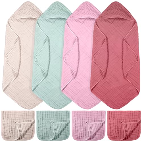 VitalCozy 8 Pcs Baby Muslin Hooded Bath Towels and Washcloths, 32 x 32 Inch Muslin Cotton Hooded Baby Towels Absorbent Blankets for Gift Newborn Infant Shower (Vivid Color)