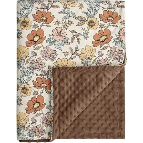 Baby Blanket for Girls, Soft Cozy Nursery Minky Blanket with Double Layer Dotted Backing for Infant Toddler in Crib Stroller, Floral Vintage Brown Blanket, 30x40 Inches