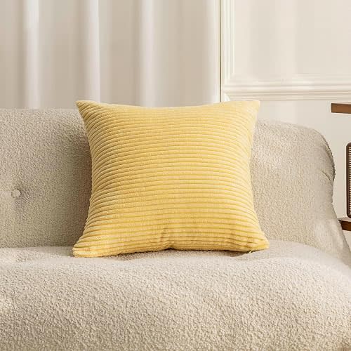 Home Brilliant Throw Pillow for Couch Yellow Square Decorative Euro Sham Modern Striped Corduroy Summer Pillow Cover 24x24 for Chair Sofa Bench Bedroom Decor, 24 x 24 inch (60cm), Light Yellow