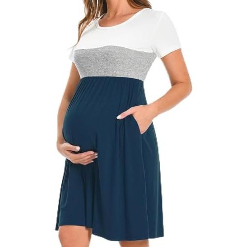 Bearsland Women’s Long Sleeve Maternity Dresses Patchwork Pregnancy Dress with Pocket