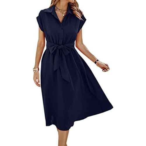 ECOWISH Womens Casual Midi Dresses Solid V Neck Short Sleeve Button Shirt Belted Dress with Pockets for Spring Summer 2026