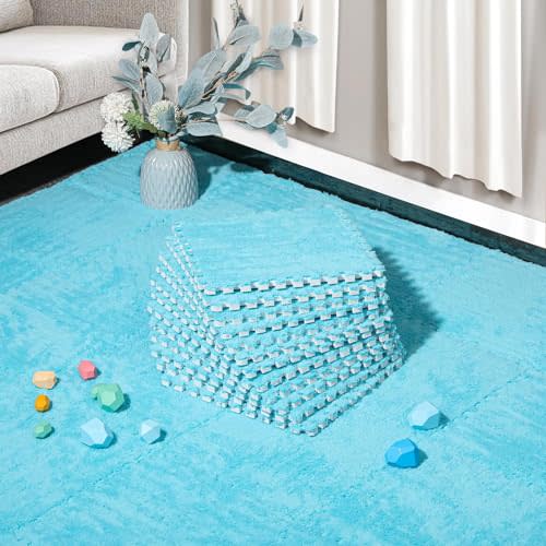 12 Pcs Plush Interlocking Carpet Tiles, Non-Toxic Foam Carpet Tiles for Toddler Baby, Machine-Washable, Anti-Slip, EVA Foam Interlocking Tiles for Floor, Nursery, Playroom, Blue