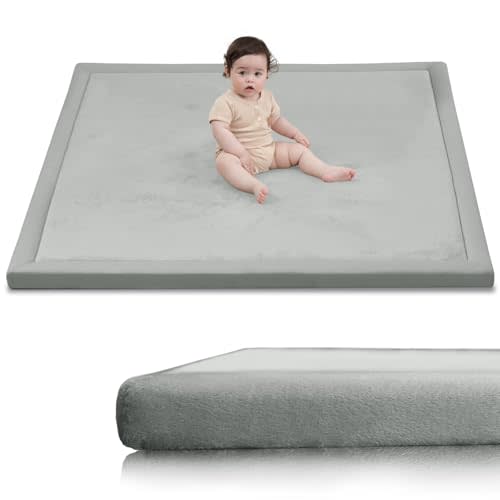 Huloo Sleep Baby Play Mat for Floor,1.3" Thick Elasti-Foam 50x50 Playpen Mat for Toddlers Infant Kids,Water-Repellent Soft Coral Velvet Tummy Time Mat,Non Slip Crawling Mat,Tatami Mat(Light Grey)