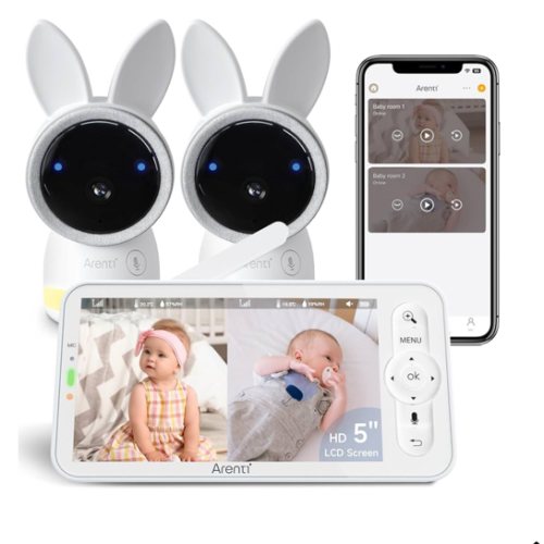 ARENTI Baby Monitor with 2 Cameras, 2K Smart Baby Camera with 5'' Upgraded Wireless Display, Super Night Vision, Breathing Light, Lullabies, Cry&Motion Detection, Temp&Humidity Sensor, 2 Way Audio