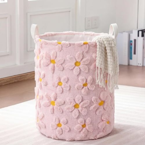 1 Pc Pink Daisy Laundry Hamper Girls Room Decor Coquette Pink Daisy Plush Faux Fur Basket Kids Large Storage Basket Collapsible Organize Bins for Gifts Toys Blanket Clothes Nursery Bedroom