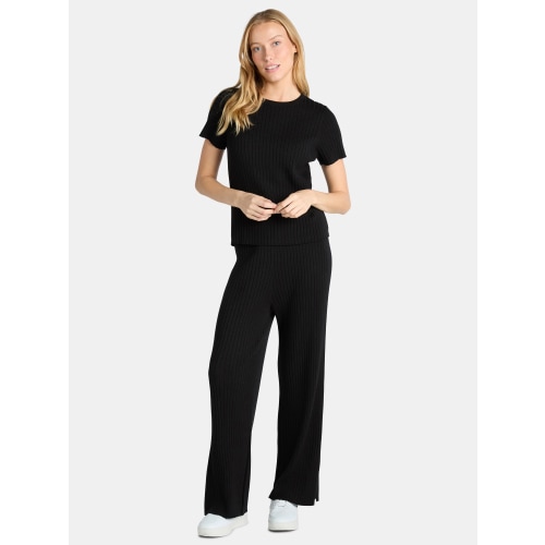 Time and Tru Women's Ribbed Sweater Top and Wide Leg Pants Set, 2-Piece, Sizes XS-XXXL