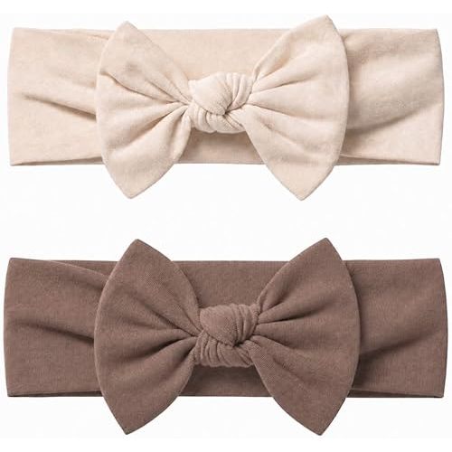 Baby Girl Headbands-Infant,Toddler Cotton Handmade Hairbands with Bows Child Hair Accessories (2, Light Beige-Soft Brown, 3-36 Month)