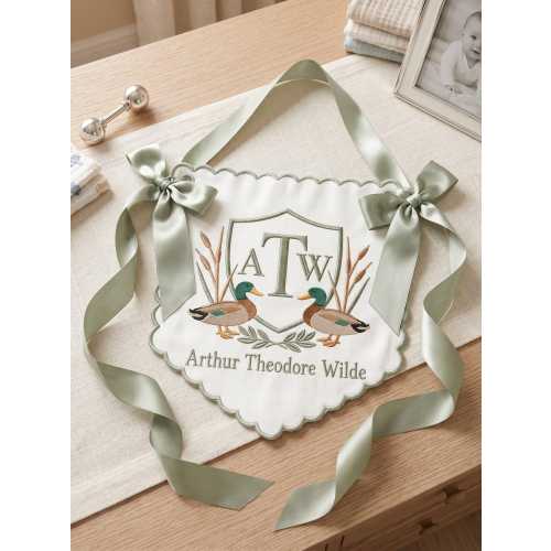 Embroidered Mallard Duck Baby Banner, Custom Name Hospital Decor, Baby Announcement Sign
