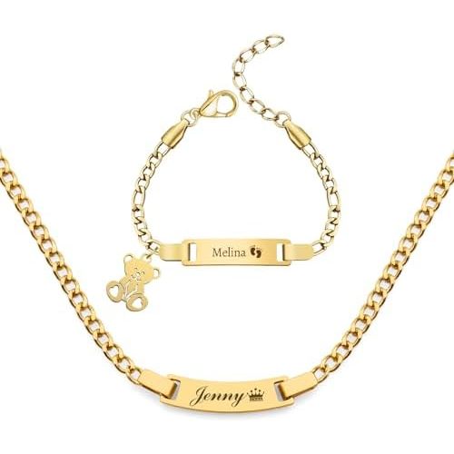 Malihome Personalized Bracelet & Necklace Set Custom Engraving Name/Text/Birth Date Stainless Steel Bracelets Gift for Baby Baptism Toddler New Mom