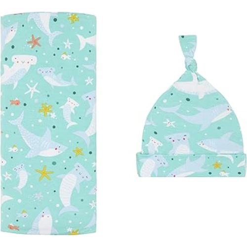 Little Sleepies Swaddle & Hat Set, Baby Swaddles Newborns, Soft Viscose from Bamboo Swaddle Blanket Wrap (Shark Soiree)