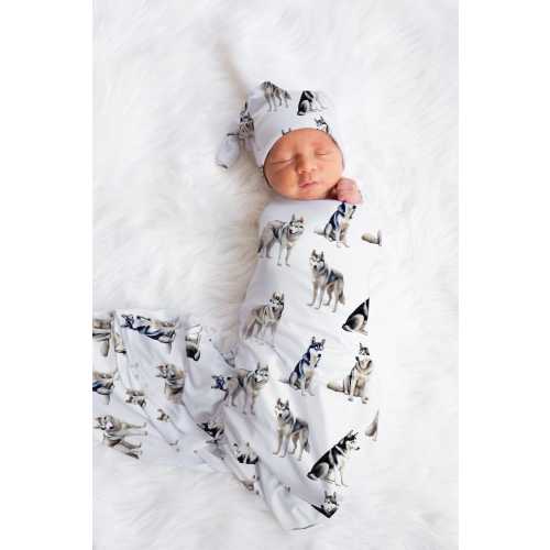 Siberian Husky Baby Swaddle Blanket, Baby Boy Gift, Dog Nursery, Baby Gown With Husky Dogs, Gender Neutral, Knotted Hat and Swaddle Sets