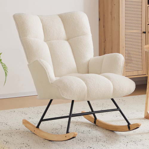 Nursery Rocking Chair Teddy, Upholstered Glider Rocker with High Backrest, Comfortable Stylish Accent Armchair with Padded Seat for Living Rooms, Bedrooms, Offices Ivory