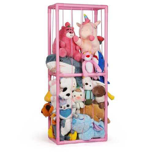 Ozzptuu Stuffed Animal Zoo Storage Stuffed Animal Holder PVC Plush Storage Toy Organizer Shelf with Elastic Band for Nursery Play Room Bedroom, Pink