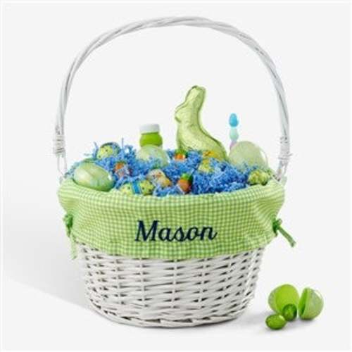 Personalized White Easter Basket With Drop-Down Handle - Green Check