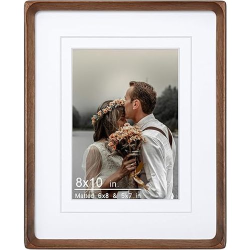 8x10 Picture Frame, Display Photos 5x7/6x8 with Mat or 8x10 without Mat, Made of Solid Natural Walnut Wood with Real Glass Vertical Horizontal Standing for Desk Tabletop Wall Hanging Gallery