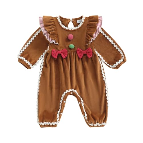 Newborn Baby Girl Christmas Clothes Gingerbread Man Velet Ruffle Long Sleeve Romper Fall Jumpsuit One Piece Outfit