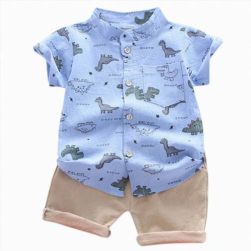 KPOPLK 2Pcs Toddler Baby Boy Clothes Summer Button Up Clothing Cotton Short Sleeve T-Shirt Shorts Set Boy Clothes Outfits Set(18-24 Months,Blue)