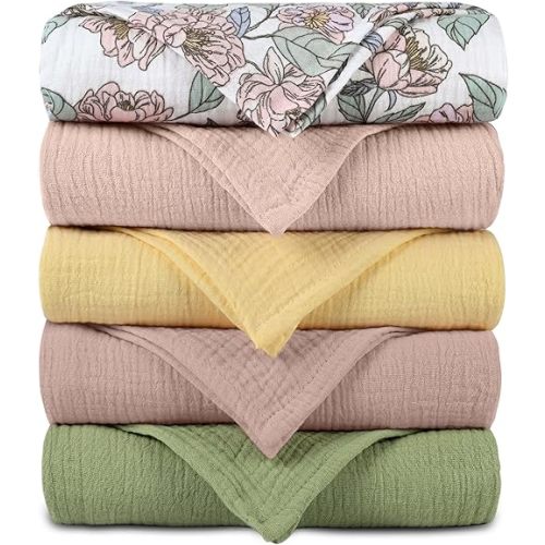 Muslin Receiving Blankets, Neutral Blanket Swaddling for Newborn Boys and Girls, 5 Pack Breathable and Skin-Friendly Swaddle Wrap for Infant Baby (Pink Flower)
