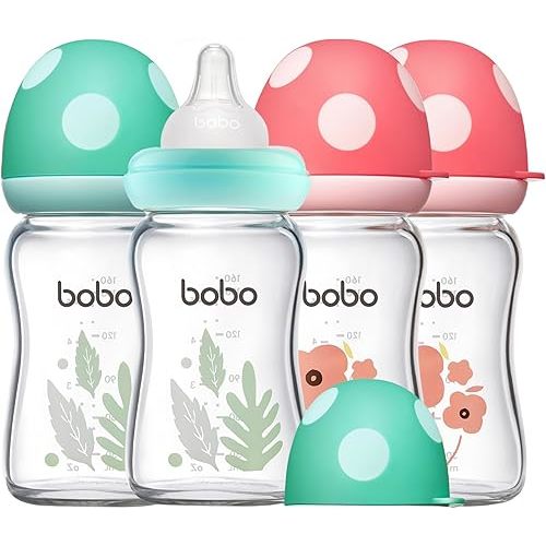YOHKOH Natural Glass Baby Bottle with Level 1 Slow Flow Nipple, Newborn Anti-Colic Baby Bottles, Wide Neck Mushroom Baby Glass Bottle ((5.4oz (Pack of 4), Multicolour)