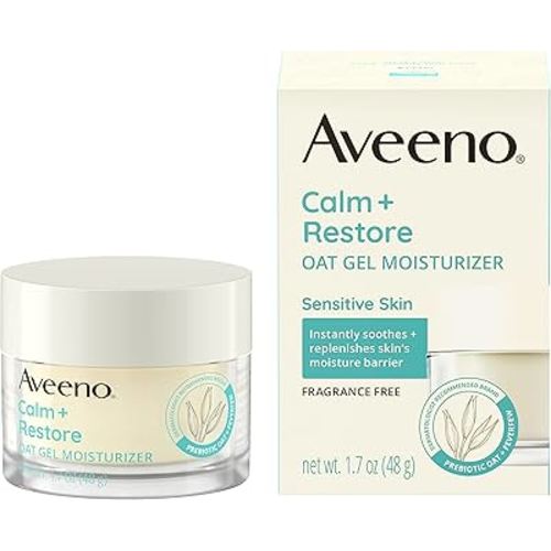 Aveeno Calm + Restore Oat Gel Facial Moisturizer for Sensitive Skin, Fast-Absorbing, Soothing Lightweight Gel Cream with Prebiotic Oat & Feverfew, Fragrance-Free & Hypoallergenic, 1.7 oz