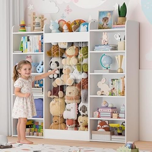 63" W Kids Bookshelf, Toy Storage with 233L Stuffed Animal Zoo for 100+ Plush Toys, 12-Tier Open Cube Organizer Shelf with 10 Cubbies for Boys/Girls, Playroom/Kids Room/Classroom, Home Decor