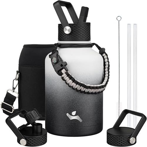 Insulated Water Bottle with Straw,50 oz 3 Lids Water Jug with Carrying Bag,Paracord Handle,Double Wall Vacuum Stainless Steel Metal Flask,Day Night