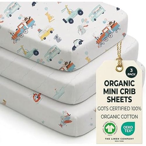 100% Organic Cotton Baby Crib Sheets (3-Pack) – GOTS Certified, Soft Fitted Sheets for Mini Mattress & Pack n Play, 5 in Deep Pocket with Secure Elastic Fit, Boys & Girls, (27" x 39") Tiny Explorers
