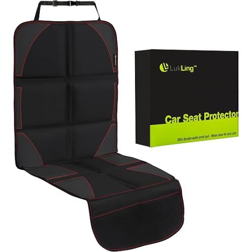 Car Seat Protector with Thickest and Largest Pad for Leather Seats in Luxury Cars ­- 2 Mesh Organizer Pockets -­ Works Great with Children and Pets, (Black with Red Stitching)
