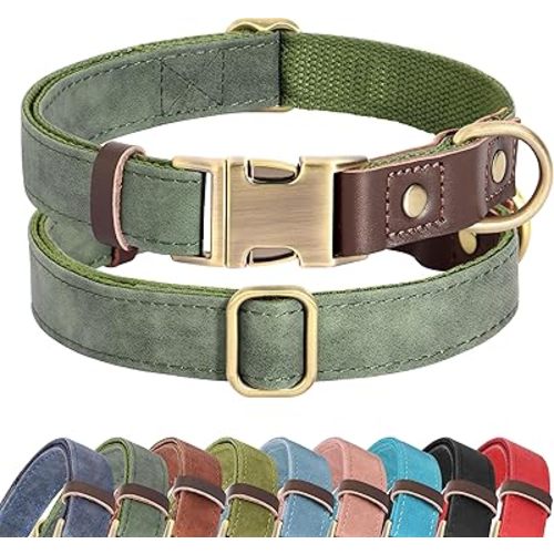 Didog Soft PU Leather Dog Collar for Large Dogs,Classic Adjustable Dog Collars with Quick Release Metal Buckle,Easy Clean and Comfortable with Nylon Lining,Green,L Neck 15-23"
