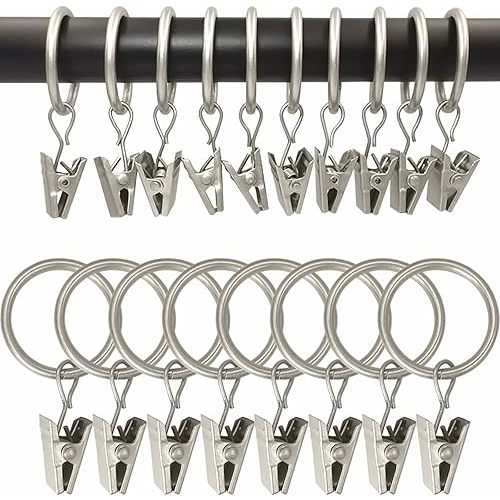 100 Pack Matte Silver Curtain Rings with Clips, Curtain Hooks Hangers Clip Rings for Hanging Drapes Bows Hat, Drapery Rings 1 in I D, Fits up to 5/8 in Diameter Curtain Rod.