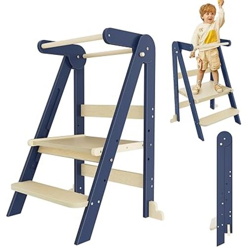 Nuturelly Toddler Tower, Foldable Toddler Step Stool for Kitchen, Wooden Kids Step Stool with Safety Rails, Age 18 Months to 6 Years,Blue