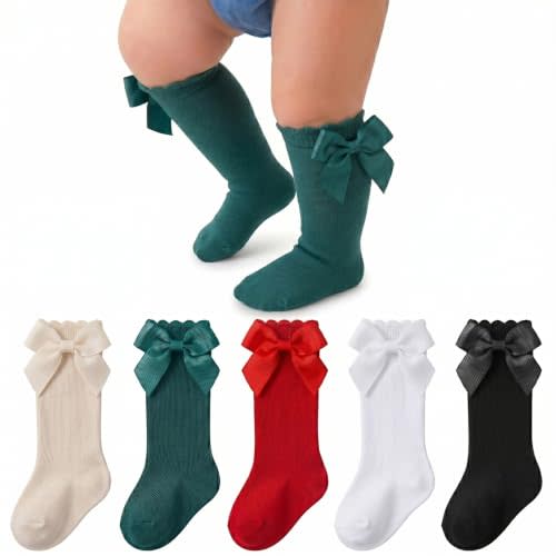 Baby Girl Knee High Socks with Bows Soft Cotton Ruffle Long Stockings Smooth Sole Infant Toddler Uniform