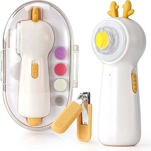 Baby Electric Nail File with Clipper, 5-in-1 Baby Nail Trimmer with LED Light, Rechargeable Nail Clippers for Infant Toddler Kid Adult, Low Noise, Includes 5 File Pads, Yellow Deer