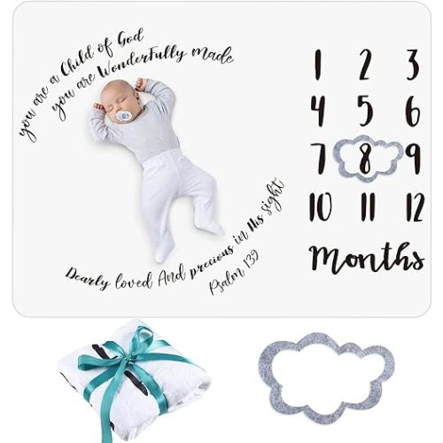 Baby Monthly Milestone Blanket 50" x 40" Soft Flannel Blanket with Growth Chart Felt Frame Christian Swaddling Blanket Baby Shower Gender Neutral Gift for Newborn Picture Nursery Decor