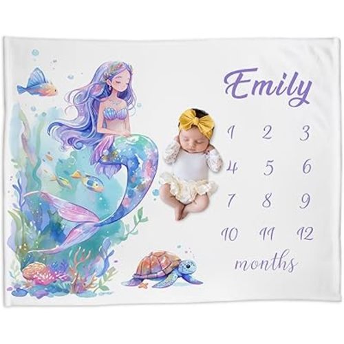 Custom Baby Girl Milestone Blanket with Name – Personalized Mermaid Monthly Blanket for Newborn, Soft for Girls, Photo Prop Blankets for New Moms