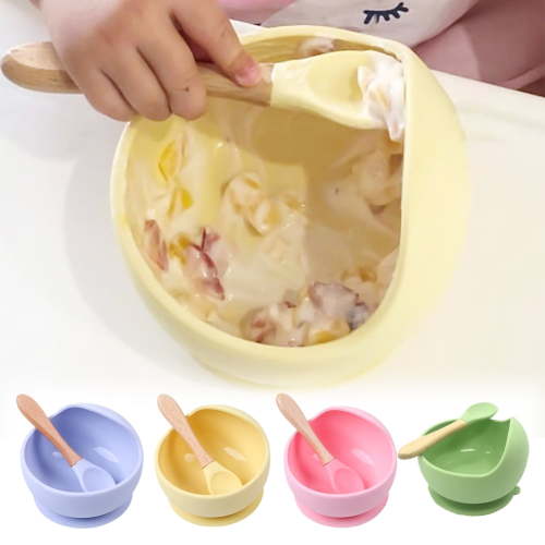 Visland Silicone Spoon Bowl Set with Suction Cup Baby Eating Training Anti-slip Dinnerware for Children