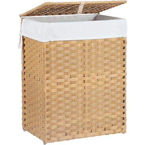 DUMOS Wicker Laundry Basket with Lid, 24 Gallon (91L) Woven Laundry Hamper with Handles, Foldable Rattan Clothes Hamper with Removable Liner & Sturdy Steel Frame, Goose Yellow