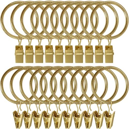 20 Pack Metal Curtain Rings with Clips, Curtain Clip Rings Hooks for Hanging Drapery Drapes Bows, Curtain Rod Rings 1.5 inch Interior Diameter, Gold