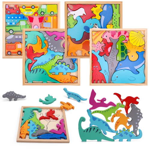 sixwipe 4 Sets Wooden Animal Puzzles, Shape-Sorting Activity for Kids, 48 Wood Blocks, Educational Learning Gift Toys for 3+ Year Old Boy Girl