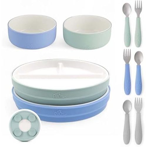 Elk and Friends Kids Porcelain Mealtime Bundle Suction Sleeves | 10 Pcs Dinnerware Set | Plates Bowls & Toddler Utensils | Microwave & Dishwasher Safe