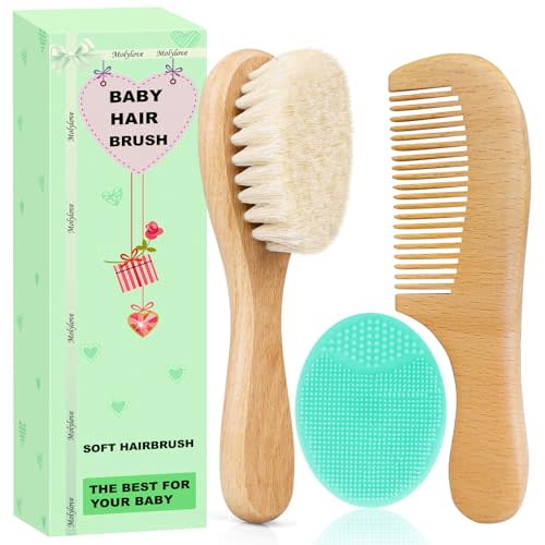 Molylove Baby Hair Brush with Wooden Handle and Comb Set for Newborns & Toddlers | Natural Soft Goat Bristles l Wood Comb l Green Cradle Cap Brush | Ideal for Cradle Cap (3 Piece)