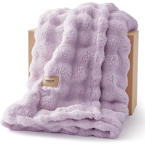 Bedsure 3D Fleece Bubble Blanket for Couch - GentleSoft Purple Throw Blanket for Sofa Bed Room Decor - Luxury Soft Cozy Lavender Gifts for Women, Lightweight, All Seasons, Light Purple, 50"×60"