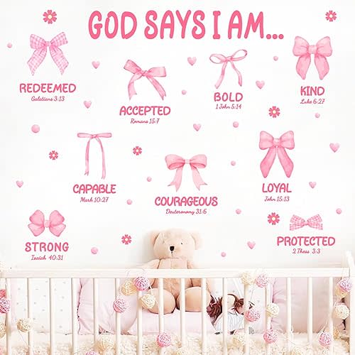 Watercolor Pink Baby Girls Wall Decals Pink Bows Wall Stickers Positive Girl Bedroom Walls Sticker Peel and Stick Self Affirmations Kids Inspirational Walls Decal for Nursery Playroom Daycare Decors