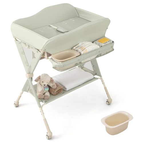 BABY JOY Portable Baby Changing Table, Foldable Diaper Changing Station w/Wheels, Adjustable Height, Large Storage Rack, Water Basin, Safety Belt, Mobile Nursery Organizer for Newborn Infant (Green)