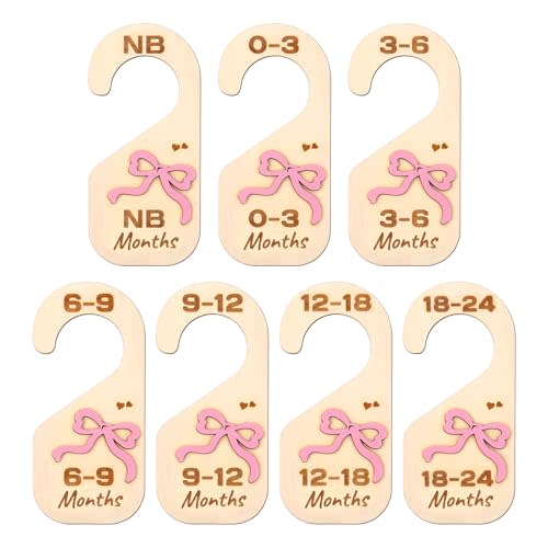 Bnesi Wooden Closet Dividers Wooden Bow Dividers for Closet Set of 7 Newborn Clothes Size Hanger Dividers from Newborn to 24 Months Pink Nursery Decor (Relaxing)