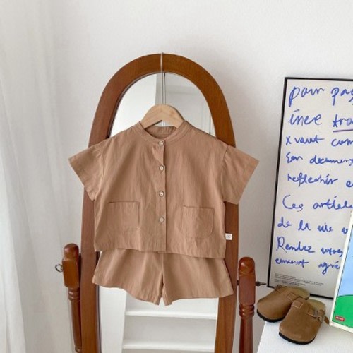 MyKids-USA Baby Kids Boys Plaid/Solid Short Sleeves Top Shirt And Shorts Casual Clothing Set Coffee 80