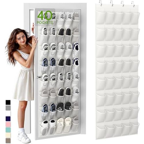 Over the Door Shoe Organizer with 40 Large Breathable Mesh Pockets, Space Saving Shoe Holder, Hanging Shoe Rack for Entryway Bedroom Closet Storage (White, 40 Pockets)