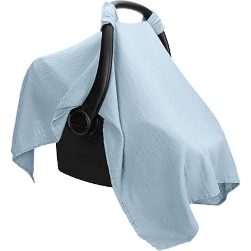 Comfy Cubs Baby Car Seat Cover - Soft, Breathable Bamboo Rayon and Muslin Cotton Blend - Lightweight Canopy for Sun, Bug, and Comfort Protection - Large Size Infant Seat Cover in Sky Blue Design